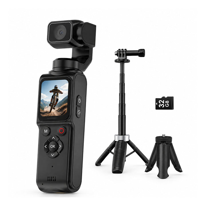 HJD05 Vlog Gimbal Camera – 4K 75MP Auto-Tracking 32GB SD Card 31cm Tripod for Travel Vlogging