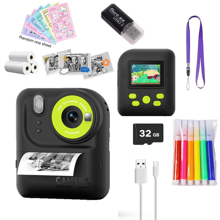 Kids Instant Print Camera 32G Black - HD Video Games Music 16x Zoom LED Light BPA Free Paper Gift