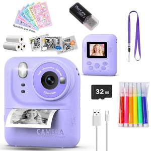 Purple digital camera set with accessories on a white background
