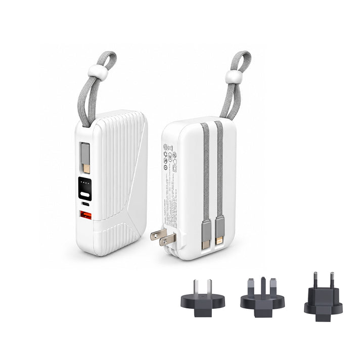 E1010B 2-in-1 Power Bank and Wall Charger – 10000mAh Built-in Cables Fast Charge Equipped with a multi country plug adapter