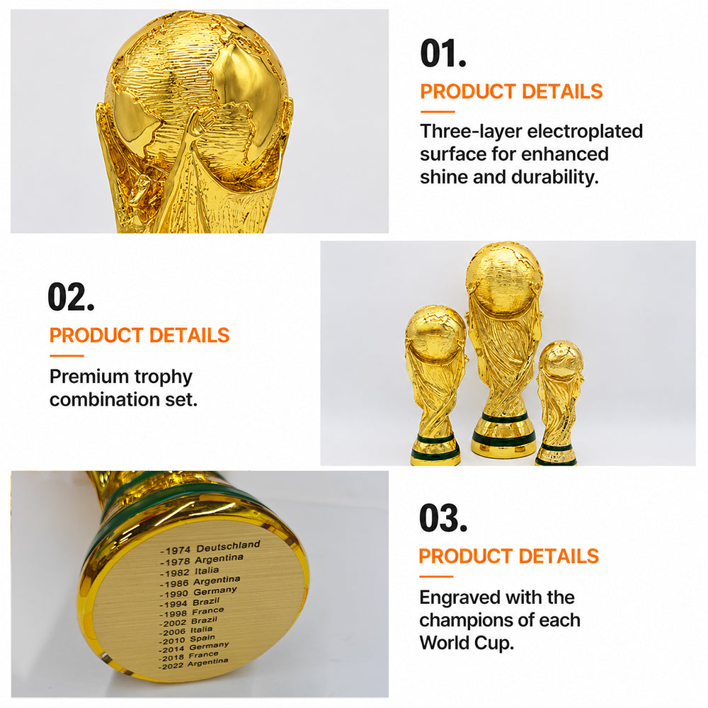 soccer-fan-memorabilia-gold-world-cup-style-trophy-desk-decoration-engraved-champions-text-multiple-heights
